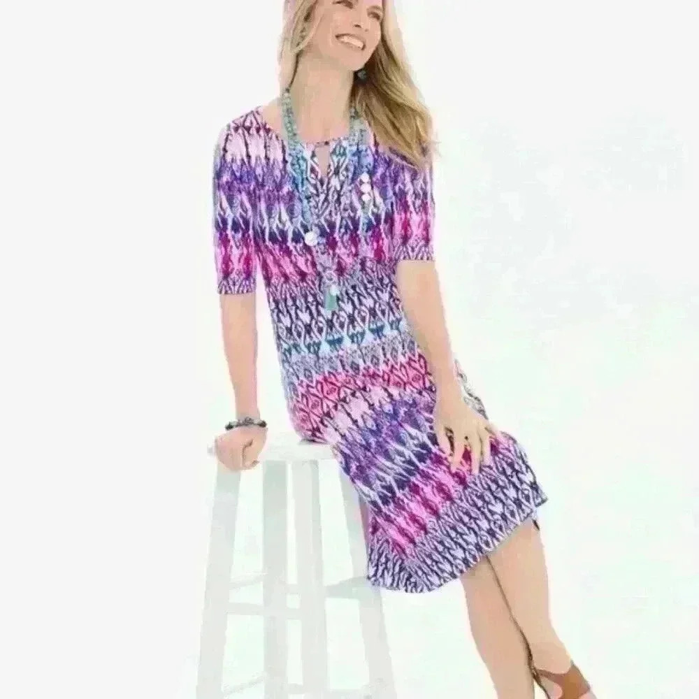 Chico’s Pastel Ikat Print Keyhole Jersey Knit Shift Dress Size 2P/PL